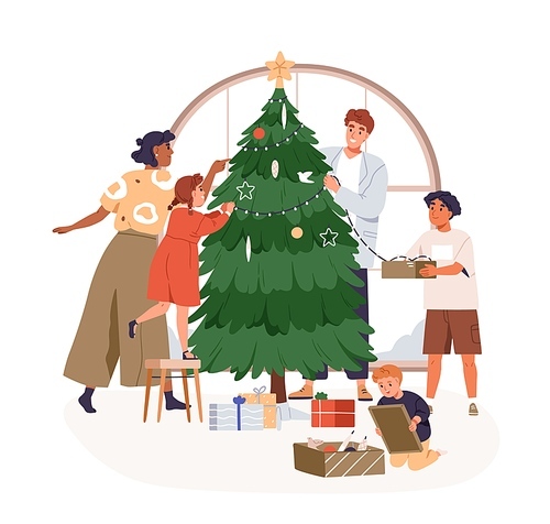 Family with kids decorating Xmas tree. Happy mother, father, children preparing festive decoration, Christmas fir for winter holiday at home. Flat vector illustration isolated on white .