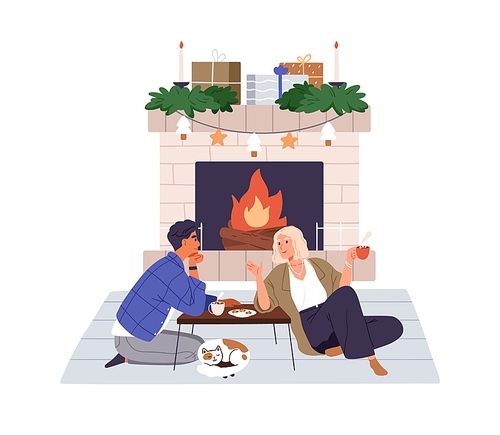 Love couple at fireplace at Christmas eve, winter holiday. Happy man and woman relaxing with hot drinks at fireside at cozy home in hygge evening. Flat vector illustration isolated on white .