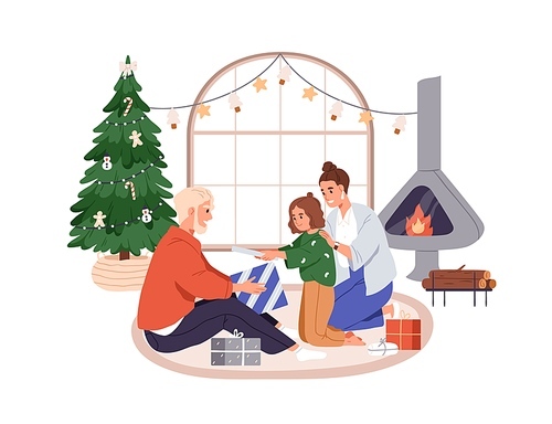 Parents presenting Christmas gift to child, daughter. Mother, father, girl kid opening Xmas surprise box at home. Happy family on winter holiday. Flat vector illustration isolated on white .