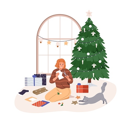 Preparing for Christmas holiday at cozy home. Girl with DIY festive paper decoration for Xmas. Woman and cat during New Year preparations. Flat vector illustration isolated on white .