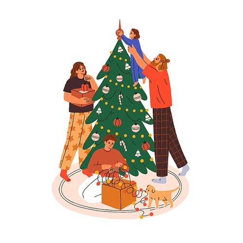 Happy family decorating Xmas fir tree at home. Mother, father and children, toddler during Christmas decoration for winter holiday. Flat graphic vector illustration isolated on white .