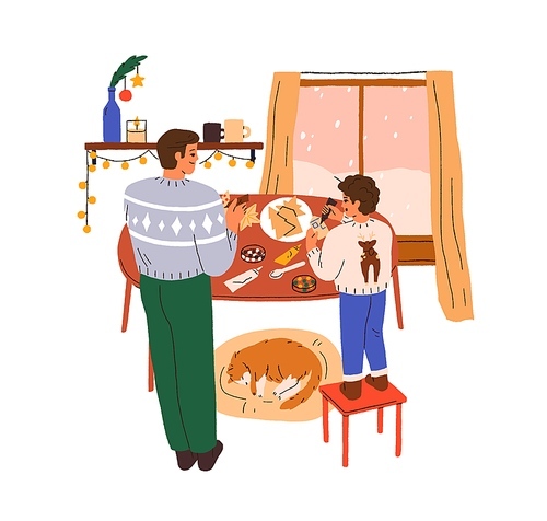 Christmas cook at home. Family cooking, baking gingerbread, ginger cookies at kitchen. Father and sin during winter holiday preparations. Flat vector illustration isolated on white .