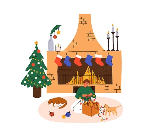 Man, pets at home at Christmas. Person preparing Xmas decoration, holiday garland, festive baubles, ornament at fireplace in living room. Flat graphic vector illustration isolated on white .