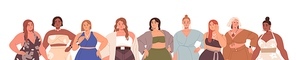 Women group with plump chubby fat bodies. Diverse beautiful girls with pretty curvy plus-size figures. Modern chunky female characters border. Flat vector illustration isolated on white .
