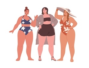 Women with plus-size curvy fat bodies. Plump chubby girls in bikini swimwear. Happy pretty chunky girlfriends standing in beach swimsuits. Flat vector illustration isolated on white .