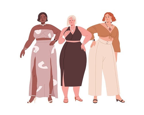 Pretty women with plus-size fat bodies, wearing modern fashion dresses. Diverse curvy plump girls in elegant party clothes, outfit. Flat graphic vector illustration isolated on white .