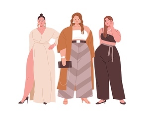 Pretty plump women with plus-size curvy figures. Happy beauties girls with fat body dressed in fashion party outfits. Chubby females portrait. Flat vector illustration isolated on white .