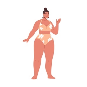 Young woman with plump fat curvy body, standing in bikini. Pretty plus-size chubby girl in swimsuit. Modern chunky female character. Flat graphic vector illustration isolated on white .