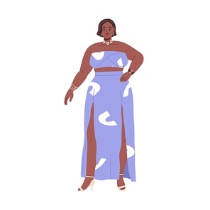 Pretty chubby fat woman portrait. African girl with plump curvy body, standing in elegant evening party dress. Modern plus-size female. Flat graphic vector illustration isolated on white .