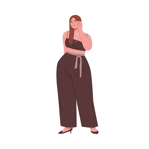 Chubby plump woman in fashion stylish clothes. Pretty fat girl with curvy figure, wearing modern evening outfit. Plu-size female portrait. Flat graphic vector illustration isolated on white .