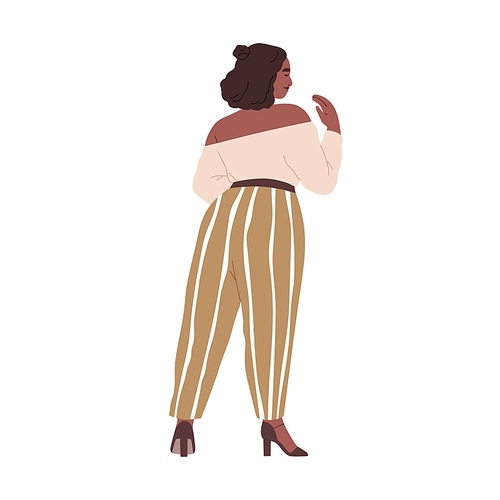 Pretty chubby black woman with curvy plump body, wear modern apparel, heeled shoes and sexy bare shoulders. Plus-size girl standing with her back. Flat vector illustration isolated on white .