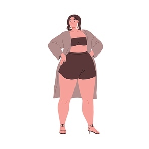 Woman with fat curvy body, plump chubby figure. Attractive plus-size girl standing bikini and heeled sandals. Stout female in swimwear. Flat graphic vector illustration isolated on white .