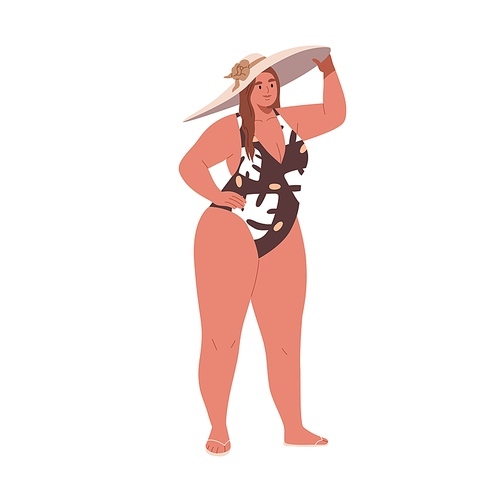 Woman with plump fat curvy body, wearing swimwear and beach hat. Attractive plus-size chubby girl in swimsuit. Modern chunky female. Flat graphic vector illustration isolated on white .