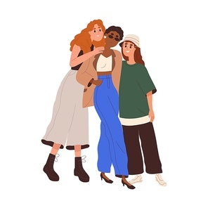 Diverse women friends portrait. Happy different girls hugging, standing together. Modern trendy girlfriends. Diversity, friendship concept. Flat vector illustration isolated on white .