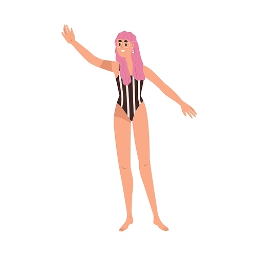 Happy young girl in swimwear gesturing hi. Modern woman in summer beach swimsuit waving with hand, greeting, welcoming smb, saying hello. Flat graphic vector illustration isolated on white .