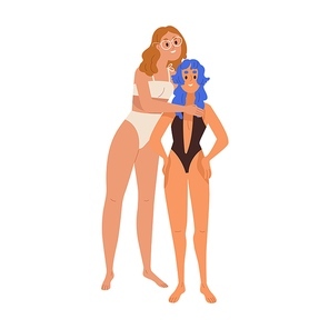 Happy women friends portrait. Girls of different height standing together, hugging. Modern females, tall and short small, in swimwear. Flat graphic vector illustration isolated on white .