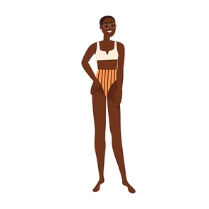 Happy black woman standing in summer swimwear, beach bathing suit. Young girl in bikini, swim wear and eyeglasses. Female in beachwear. Flat graphic vector illustration isolated on white .