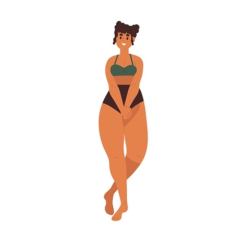 Happy chubby woman in beach bikini. Young plump girl wearing swimsuit, bathing suit. Modern smiling female standing in summer beachwear. Flat graphic vector illustration isolated on white .