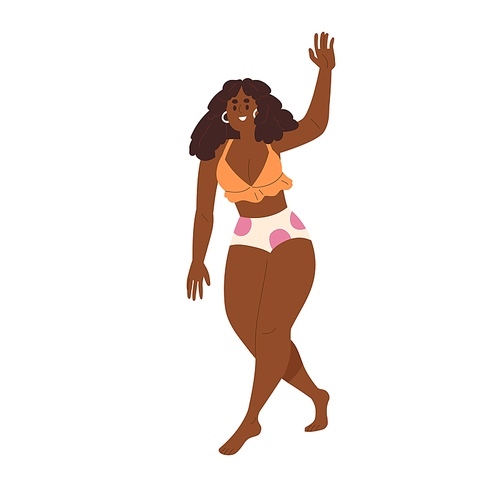 Happy black woman in bikini, going and greeting with hi gesture, waving with hand. Smiling African-American girl in beach swimwear in summer. Flat vector illustration isolated on white .