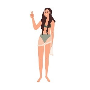 Young girl standing in bikini, beachwear. Happy slim thin woman in swimwear gesturing peace victory sign. Modern female wearing beach swimsuit. Flat vector illustration isolated on white .