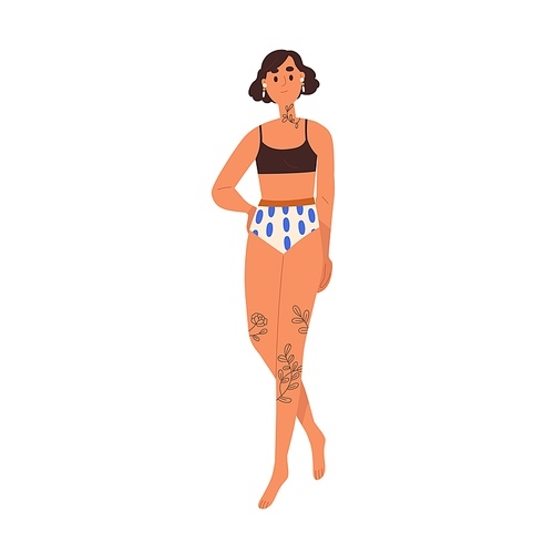 Young slim girl in bikini. Modern woman with tattoos on neck and leg, wearing beach wear, swimsuit. Female in beachwear, swimwear and earrings. Flat vector illustration isolated on white .
