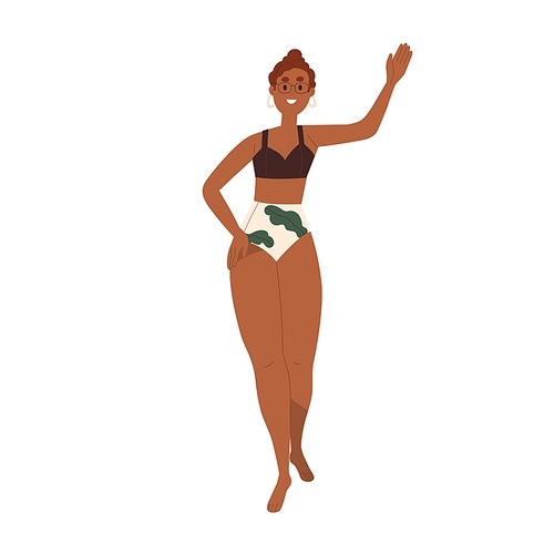 Happy woman in bikini gesturing hi, greeting smb. Female character in swimwear, beachwear and eyeglasses. Person in beach wear welcoming. Flat vector illustration isolated on white .