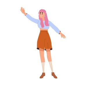 Happy girl greeting, waving with hand, gesturing hi. Young modern excited woman welcoming smb. Trendy female with colored hair and eyewear. Flat vector illustration isolated on white .