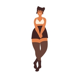Happy shy woman in underwear, standing in bra, shorts, stockings and boots. Young chunky sexy girl with curvy body, wide hips, wearing brassiere. Flat vector illustration isolated on white .