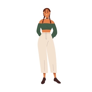 Happy young woman wearing trendy fashion apparel. Modern girl portrait, standing in stylish clothes, crop top, pants and choker, braids hairstyle. Flat vector illustration isolated on white .