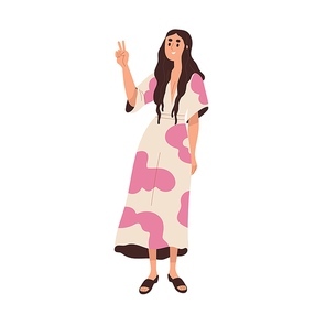 Young happy woman gesturing with two fingers, showing V sign, peace with hand. Smiling cheerful friendly positive girl in modern summer dress. Flat vector illustration isolated on white .