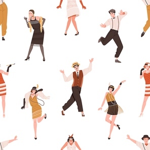 Seamless pattern with broadway dancers in 1920s style. Repeating background with happy funny people dancing to music at gatsby night party. Endless texture design. Colored flat vector illustration.
