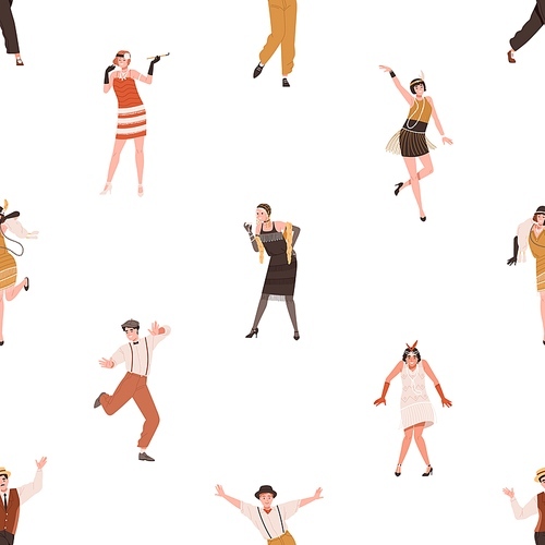 1920s Broadway dancers pattern. Seamless repeating background with happy people dancing to 20s music at gatsby fashion party in twenties style. 1930s texture design. Colored flat vector illustration.