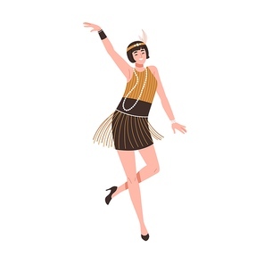 Girl dancer from 1920s Broadway party. Happy woman dancing to music in retro-styled 20s fashion fringed dress. Young lady of twenties New York. Flat vector illustration isolated on white .