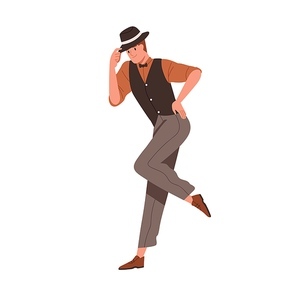Man dancing charleston at 1920s Chicago party. Broadway dancer of 20s America. Elegant person with retro hat tip movement, swinging to jazz. Flat vector illustration isolated on white .