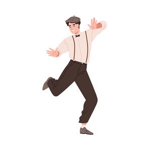 Man dancing charleston at 1920s gatsby party. Broadway male dancer of twenties. Happy fashion stylish person of Chicago 20s and 30s. Flat vector illustration isolated on white .