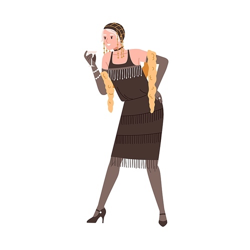 Fashion woman of 1920s in Chicago. Young girl in retro dress, outfit for Broadway New York party. Beauty of twenties standing with cocktail. Flat vector illustration isolated on white .