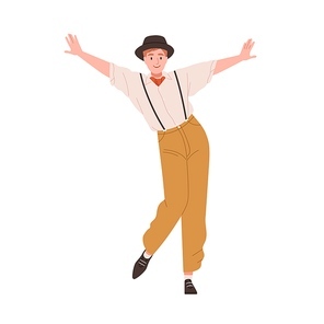 Man dancing at 1920s Broadway gatsby party. New York dancer of 20s twenties America. Young guy in retro fashion outfit, suspenders and hat. Flat vector illustration isolated on white .