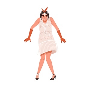 Funny 1920s dancer woman dancing charleston at 20s Broadway party. Happy flapper girl in retro fashion dress, accessories of 30s style. Flat graphic vector illustration isolated on white .