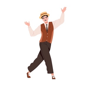 Man dancing in twenties style. Charleston dancer with mustache at Broadway night party in 1920s. Chicago person in retro fashion clothes, hat. Flat vector illustration isolated on white .