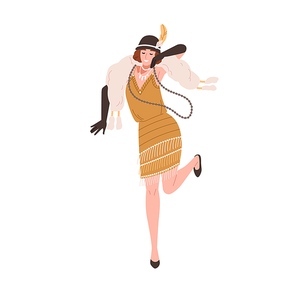 Woman dancer of 1920s Broadway party. Funny 20s girl dancing charleston in retro fashion dress, necklace, hat. Lady swinging to music. Flat graphic vector illustration isolated on white .