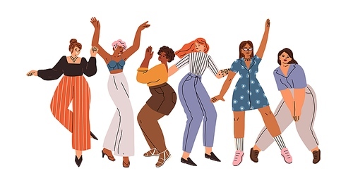Happy young women dancing together. Diverse fashion girls dancers. Dance, fun and joy of modern energetic excited female friends. Flat graphic vector illustration isolated on white .