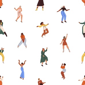 Women dancing pattern. Seamless background with happy girls dancers repeating print. Female characters moving to music, endless texture design for textile. Colored flat graphic vector illustration.