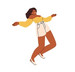 Happy black woman dancing, shaking breasts to music. Young smiling laughing girl dancer, moving with joy, fun. Joyful African-American female. Flat vector illustration isolated on white .