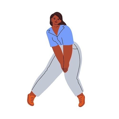 Young black woman standing in pose while dancing. Modern African-American female in blouse, pants, sneakers. Girl in motion, movement. Flat vector illustration isolated on white .