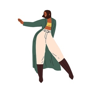 Happy girl dancing, moving with hands to music. Smiling black woman dancer. Modern fashion female in joy motion. Cheerful person at party. Flat vector illustration isolated on white .