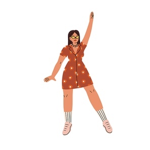 Happy girl dancing, moving to music with arm up. Modern young woman dancer in fashion trendy outfit, summer dress, sneakers and sunglasses. Flat vector illustration isolated on white .