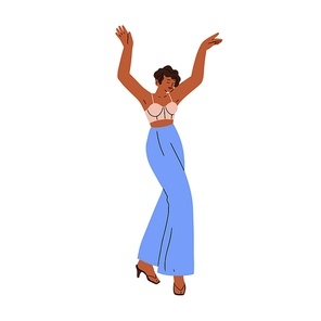 Modern girl enjoying music, dancing with hands up. Young fashion woman in motion, rising arms. Happy female in flowing smooth movement. Flat graphic vector illustration isolated on white .