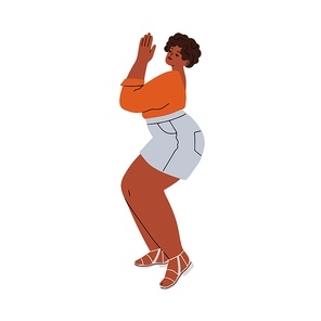 Young chunky girl dancing. Happy curvy black woman enjoying music, twerking. African-American plump female in motion, fun movements. Flat graphic vector illustration isolated on white .