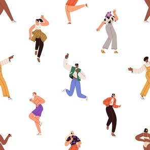 Seamless pattern with happy people dancing, listening to music in headphones. Endless background, texture design with fun characters in action, repeating print. Colored flat vector illustration.
