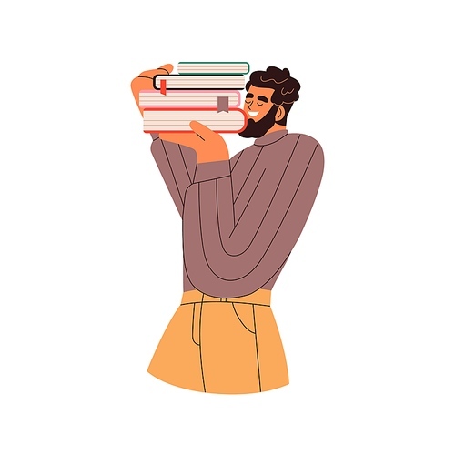 Happy man student carrying, holding heavy paper books stack from library. Excited reader, smiling guy bookworm with literature to read. Flat vector illustration isolated on white .